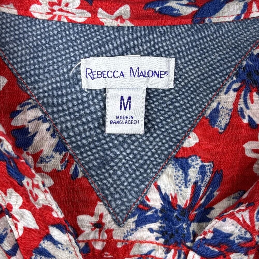 Rebecca Malone Medium M Red Blue Floral Button Down Shirt 100% Cotton Blouse - Picture 5 of 7